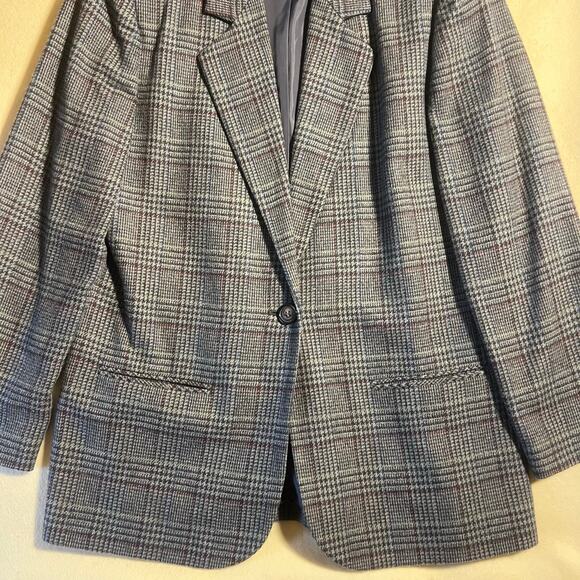 Vintage Sag Harbor Wool Blend Gray Plaid Blazer Women's Size 14 One Button EUC - Picture 8 of 9